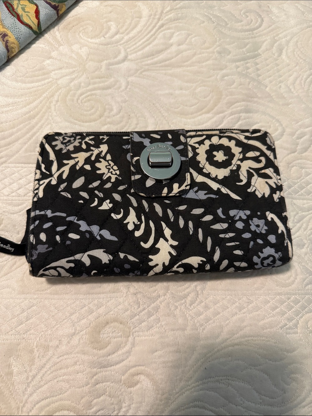 Vera Bradley Black and Cream Floral Quilted Wallet with Light Gray Accents